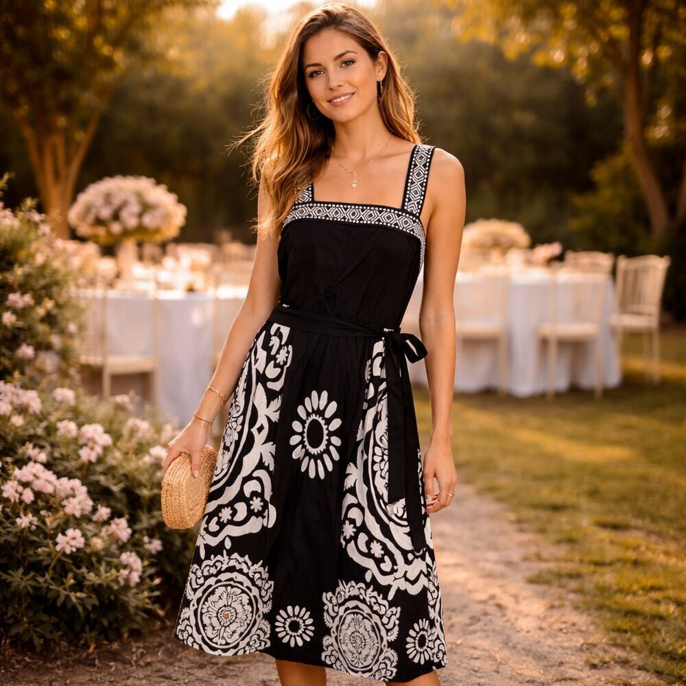 NEW Kaktus Medallion Print Sundress Black White Tie Waist XL